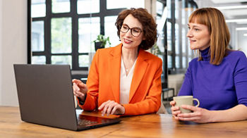 Die Steuerberaterin zeigt Ihrer Mandantin etwas am Laptop.