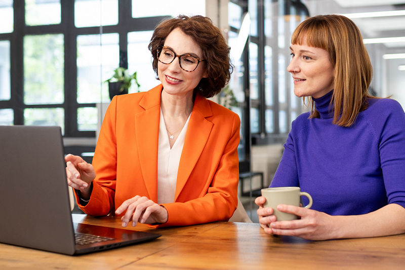 Die Steuerberaterin zeigt Ihrer Mandantin etwas am Laptop.