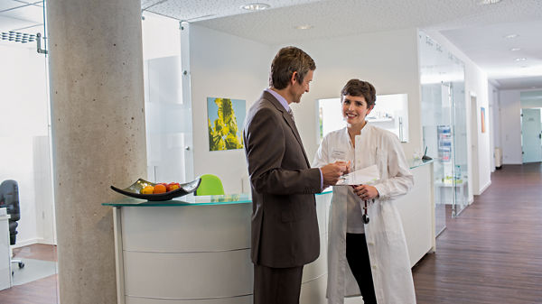 Steuerberater und Mandantin unterhalten sich.