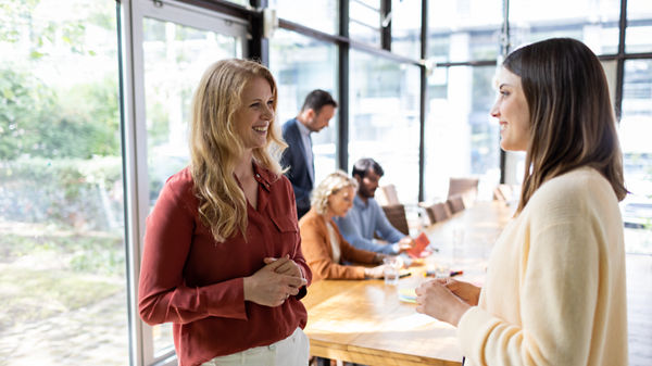 Frau vor dem Monitor im Büro mit Fachliteratur in der Hand