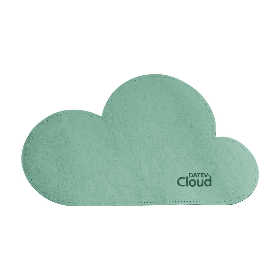 Mintgrünes, wolkenförmiges Mousepad mit dem Aufdruck "DATEV-Cloud" unten rechts