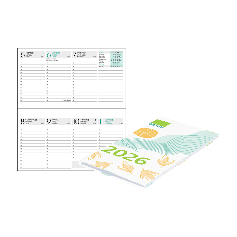DATEV-Taschenkalender für 2026 mit Schneeflocken, Sonne und Blättermotiven auf dem Cover