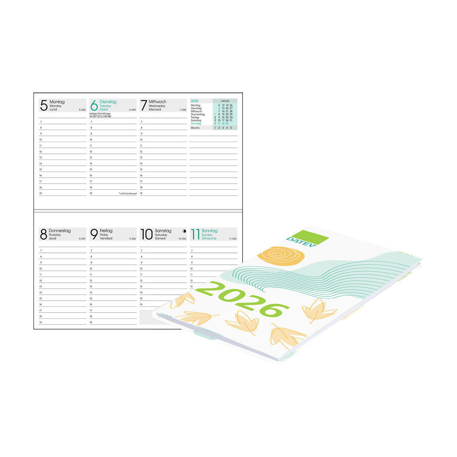 DATEV-Taschenkalender für 2026 mit Schneeflocken, Sonne und Blättermotiven auf dem Cover