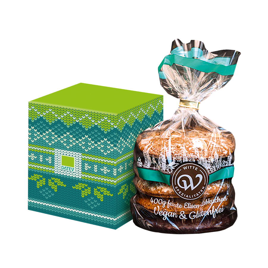 Set bestehend aus einer grün-türkisen Box mit Strickmuster-Design mit DATEV-Logo und einem Beutel mit Nürnberger Elisen-Lebkuchen