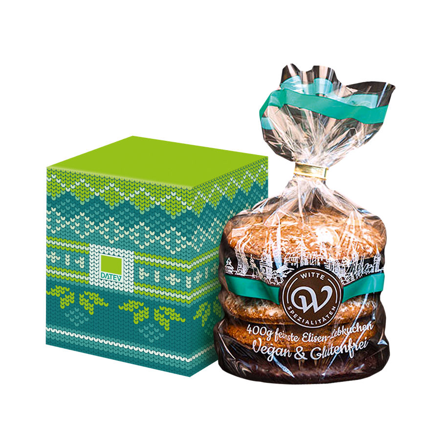 Set bestehend aus einer grün-türkisen Box mit Strickmuster-Design mit DATEV-Logo und einem Beutel mit Nürnberger Elisen-Lebkuchen
