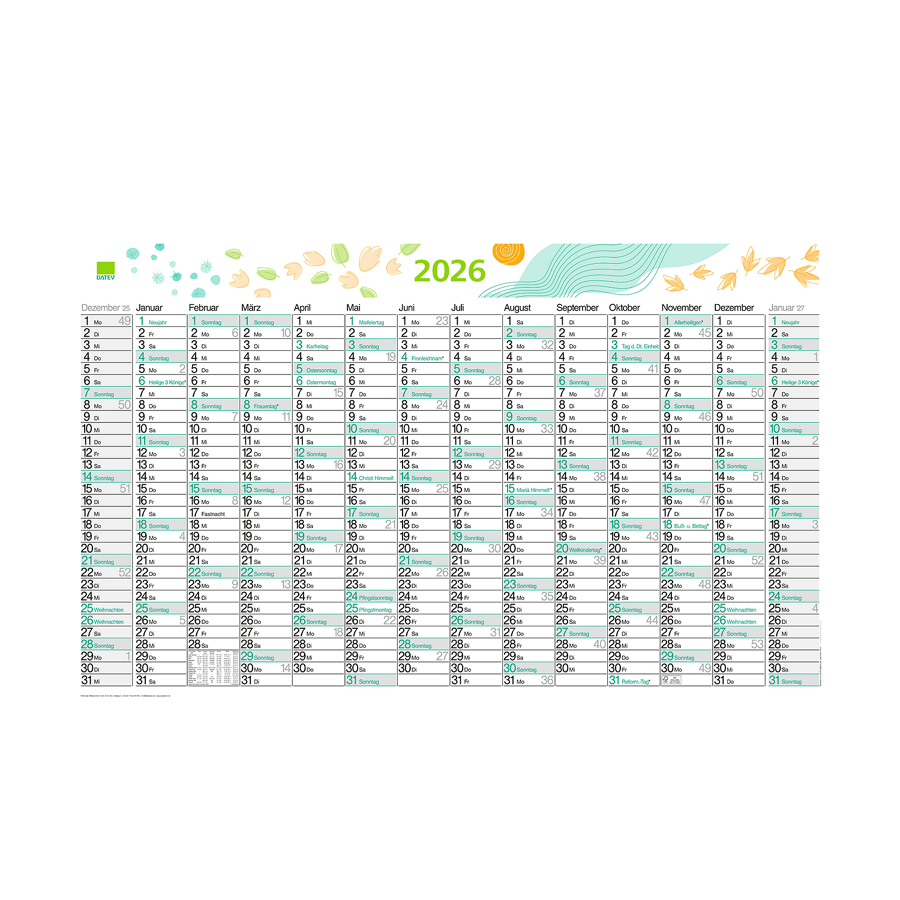 DATEV-Plakatkalender für 2026 mit Schneeflocken, Sonne und Blättermotiven