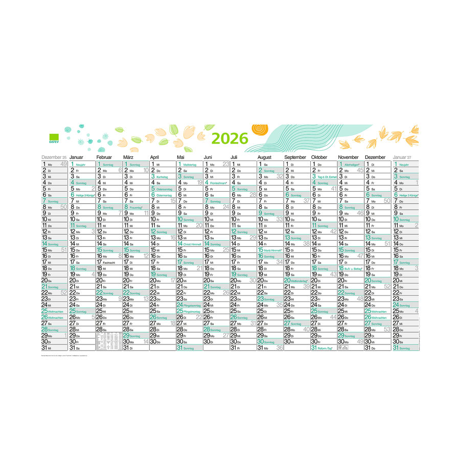 DATEV-Plakatkalender für 2026 mit Schneeflocken, Sonne und Blättermotiven