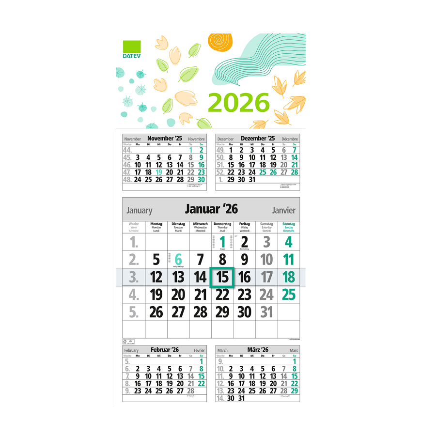 DATEV-Fünfmonatskalender für 2026 mit  Schneeflocken, Sonne und Blättermotiven