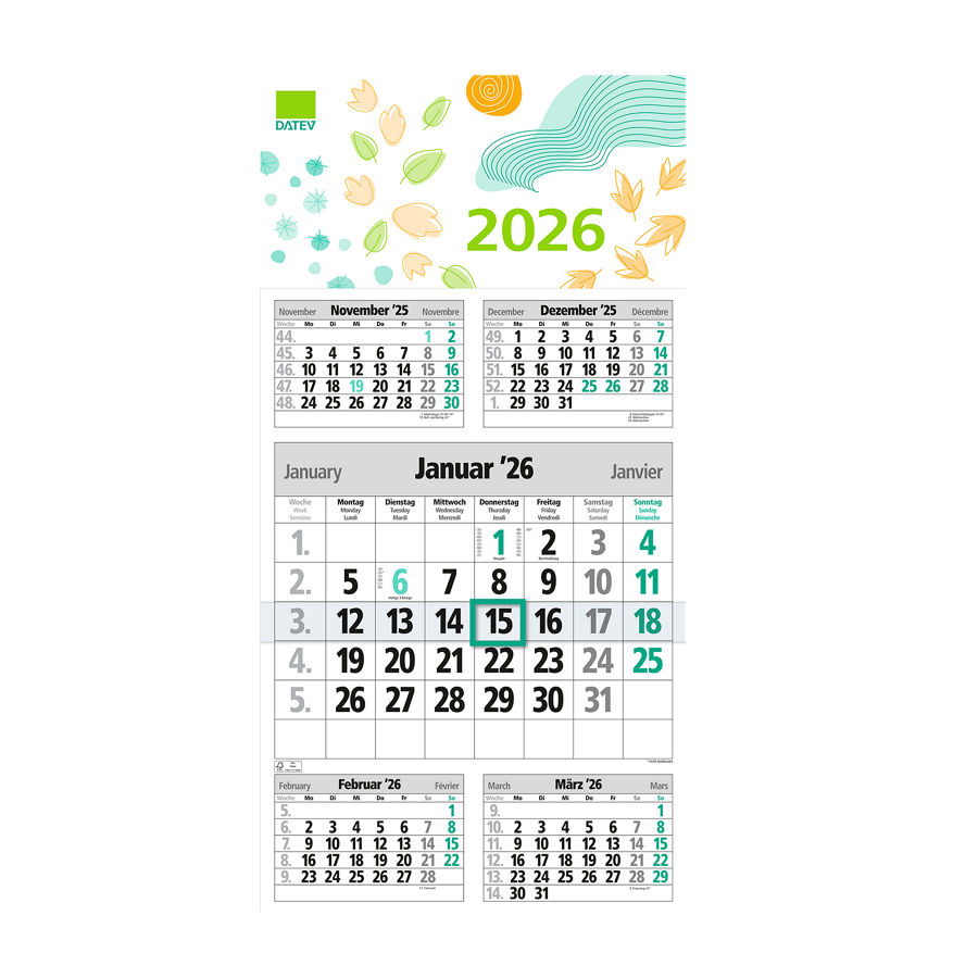 DATEV-Fünfmonatskalender für 2026 mit  Schneeflocken, Sonne und Blättermotiven
