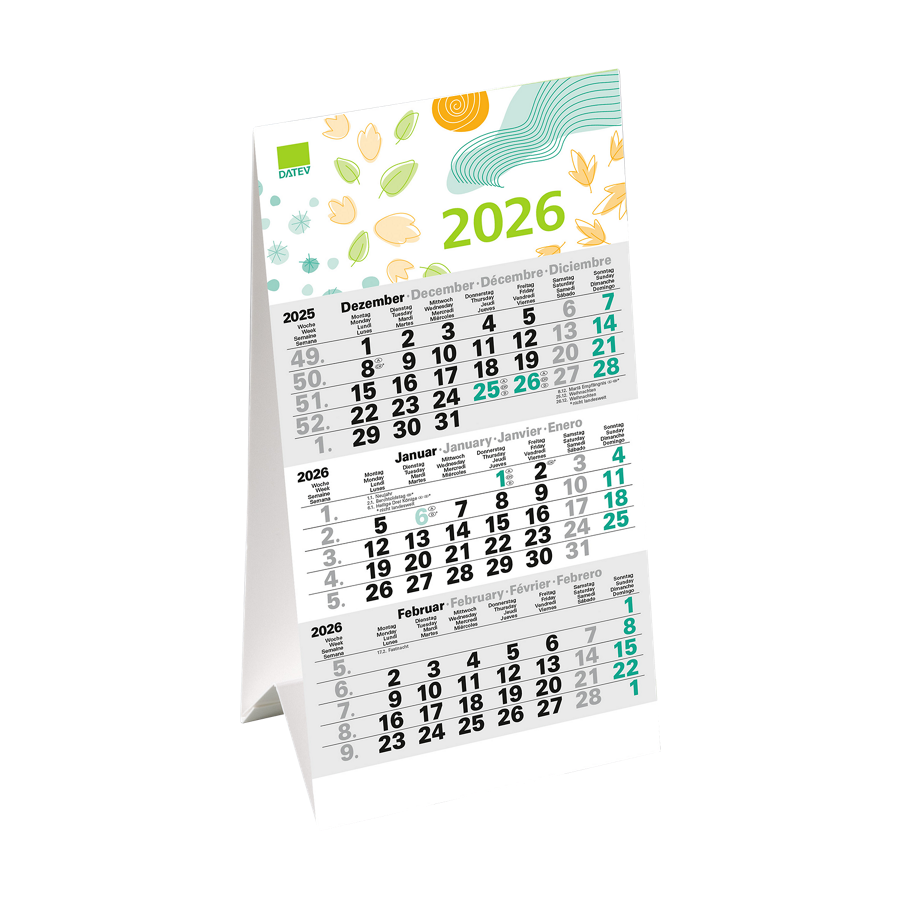 DATEV-Tischkalender für 2026 mit Schneeflocken, Sonne und Blättermotiven
