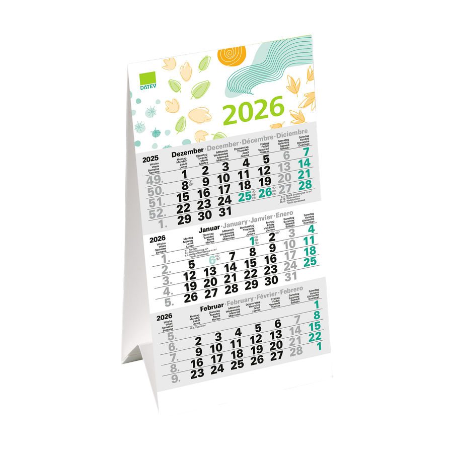 DATEV-Tischkalender für 2026 mit Schneeflocken, Sonne und Blättermotiven