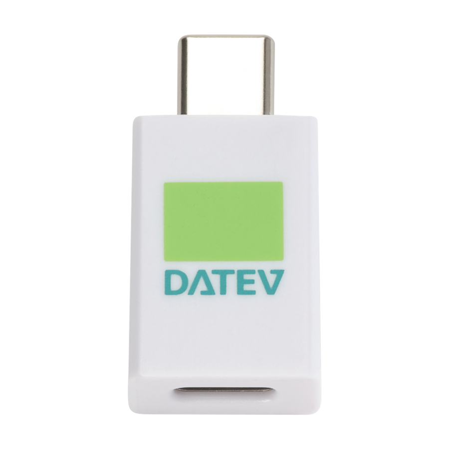 Weißer USB-C Data-Blocker mit DATEV-Logo 