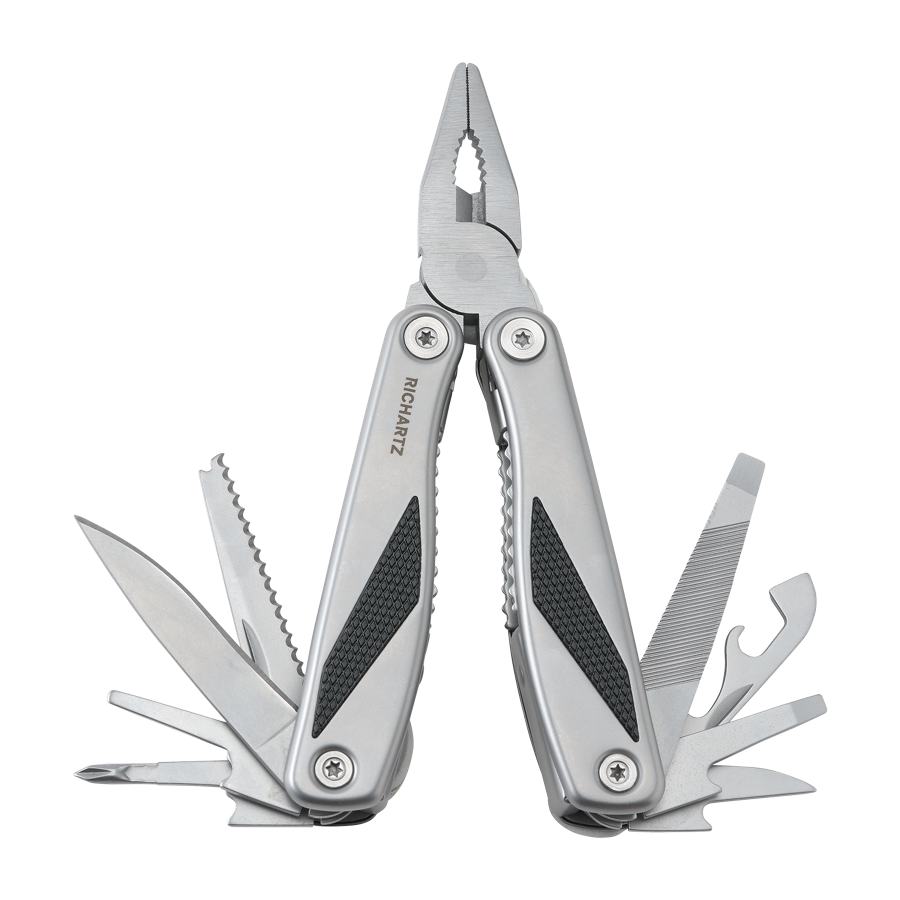 Silbernes Multifunktionswerkzeug mit schwarzer Griffstruktur und DATEV-Logo