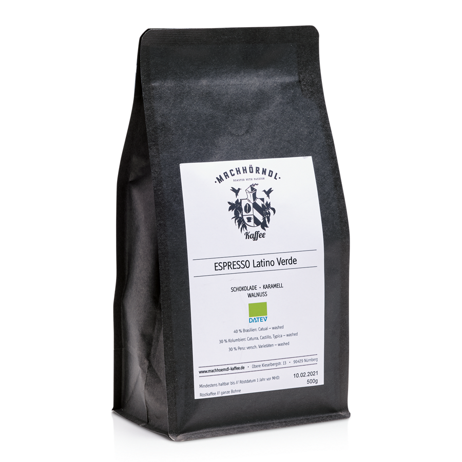 Schwarze Machhörndl-Kaffeepackung Espresso Latino Verde mit DATEV-Logo