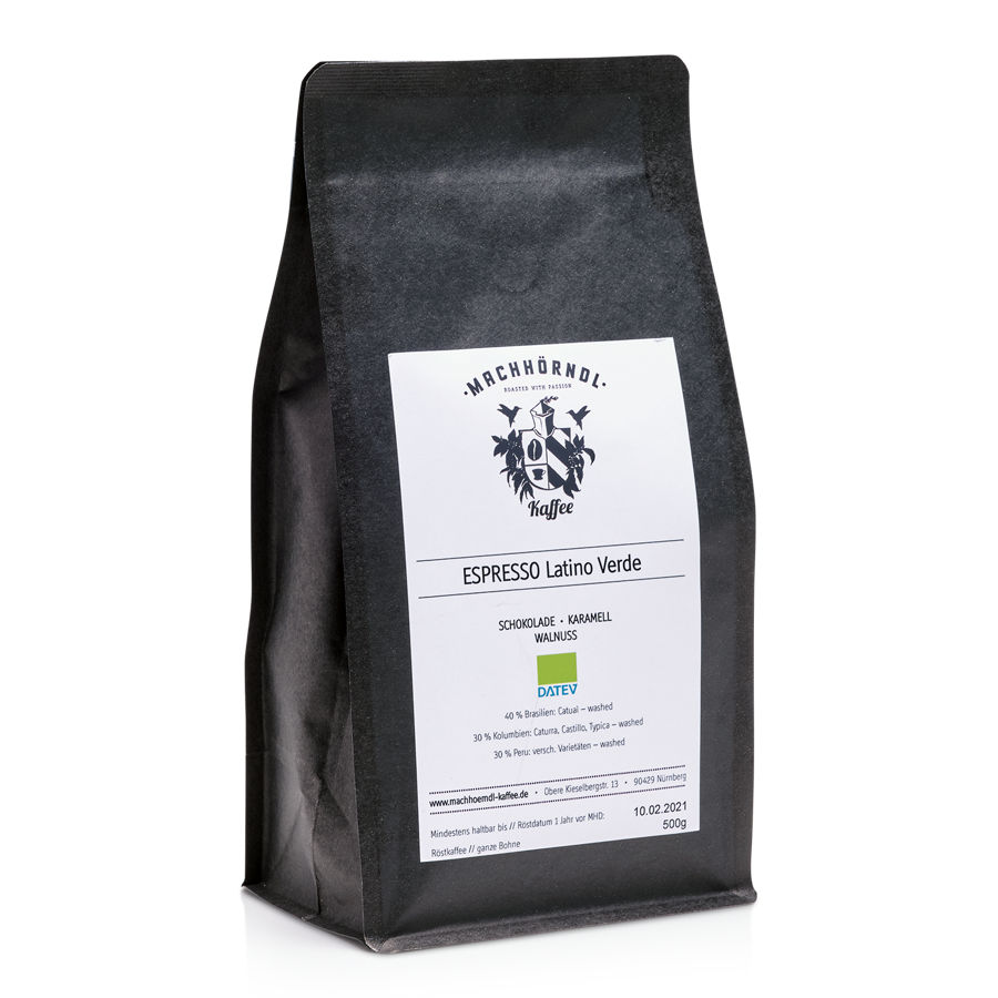 Schwarze Machhörndl-Kaffeepackung Espresso Latino Verde mit DATEV-Logo