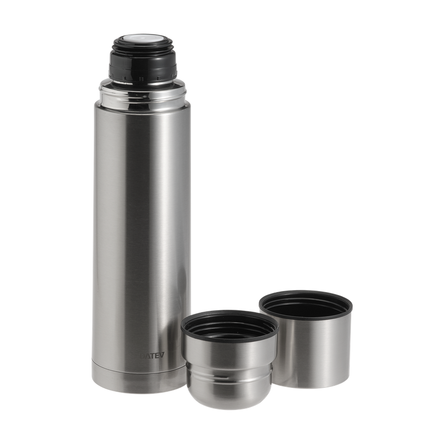 Silberne Thermoskanne mit DATEV-Logo und zwei Bechern