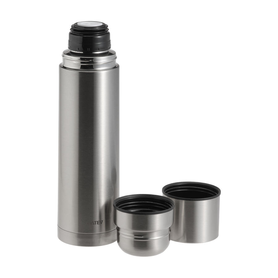 Silberne Thermoskanne mit DATEV-Logo und zwei Bechern