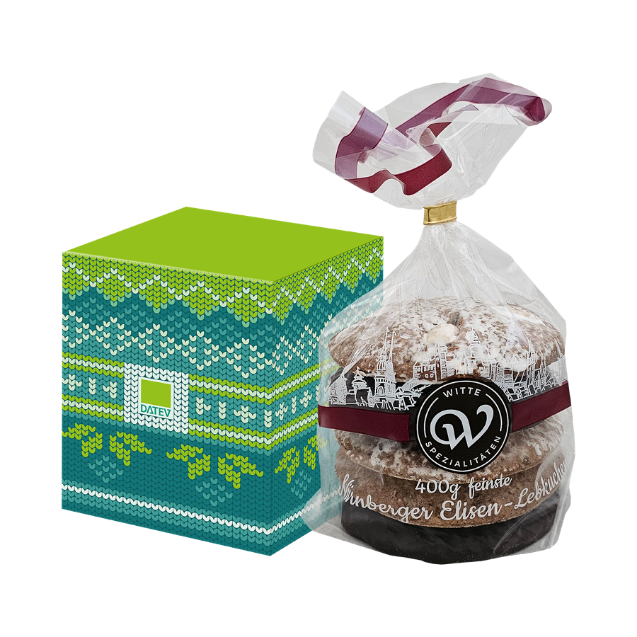 Set bestehend aus einer grün-türkisen Box mit Strickmuster-Design mit DATEV-Logo und einem Beutel mit Nürnberger Elisen-Lebkuchen