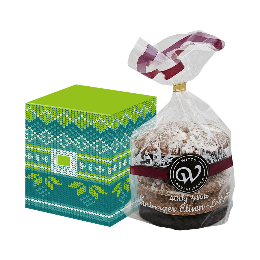 Set bestehend aus einer grün-türkisen Box mit Strickmuster-Design mit DATEV-Logo und einem Beutel mit Nürnberger Elisen-Lebkuchen