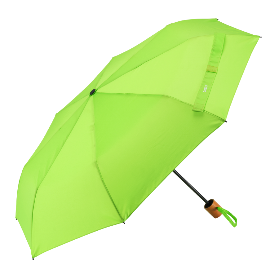 Geöffneter, grüner Regenschirm mit Holzgriff und DATEV-Logo auf dem Schließband