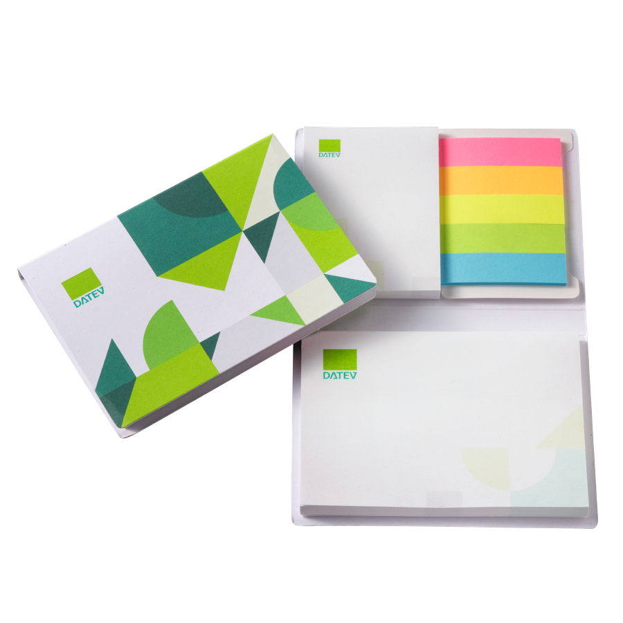 Haftnotiz-Set mit weiß-grün gemustertem Cover mit DATEV-Logo und bunten Haftmarkerstreifen