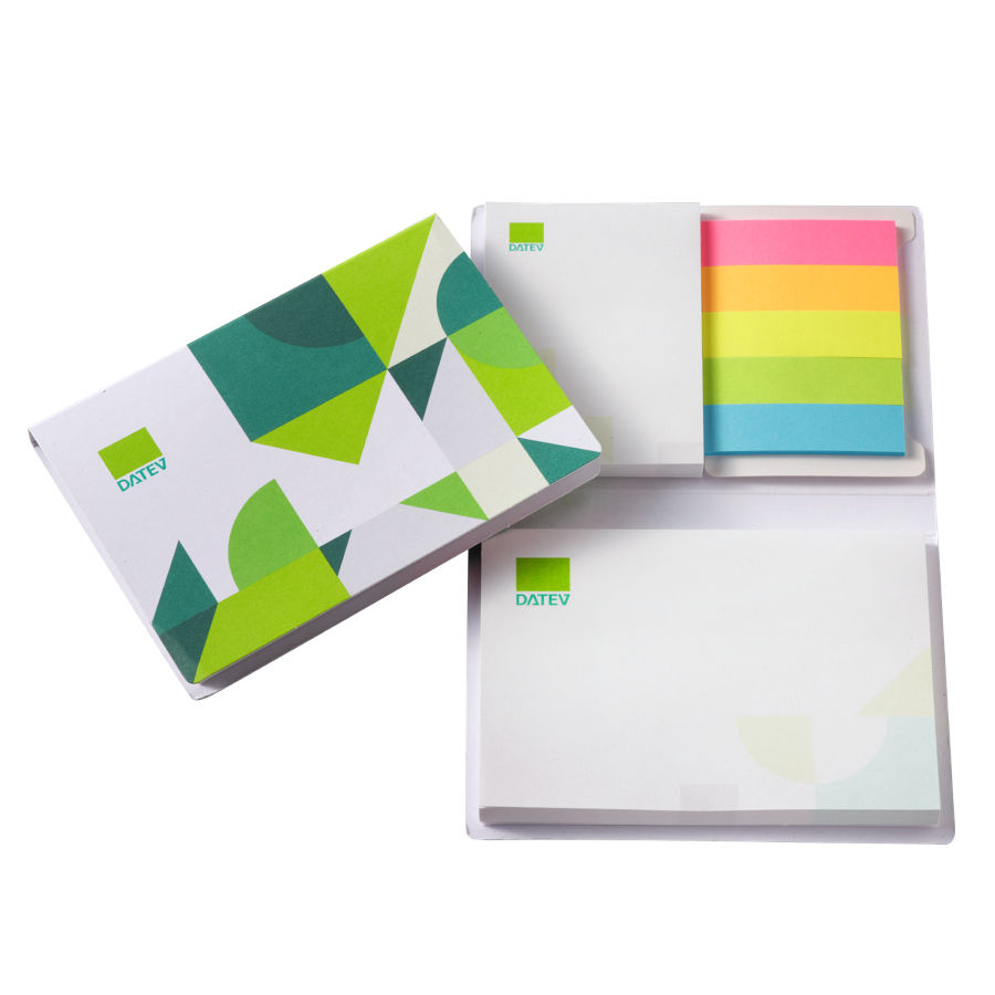 Haftnotiz-Set mit weiß-grün gemustertem Cover mit DATEV-Logo und bunten Haftmarkerstreifen