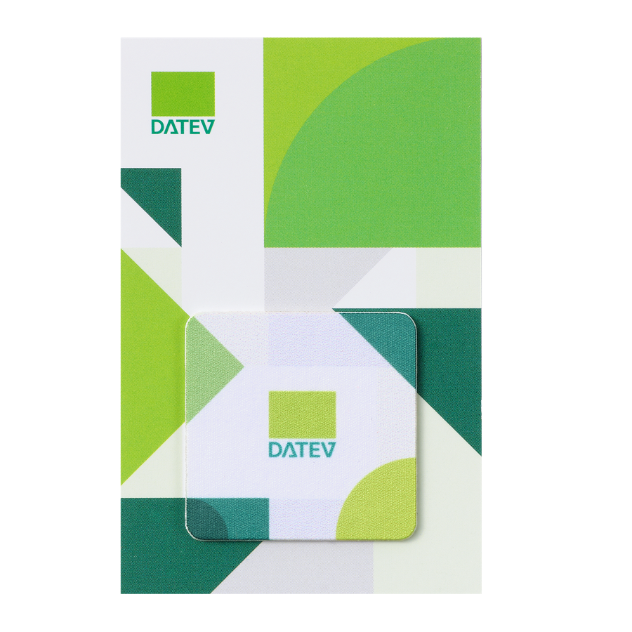 Weiß-grüner Display-Cleaner mit abgerundeten Ecken und DATEV-Logo