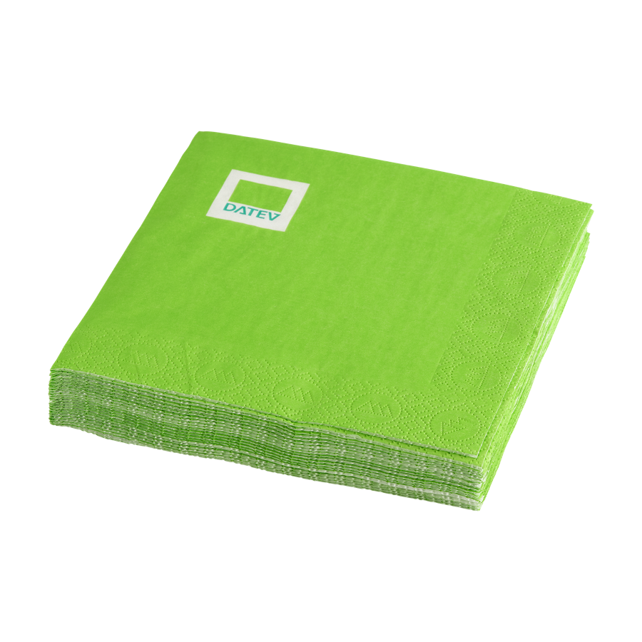 Hellgrüne Servietten mit DATEV-Logo am oberen, linken Rand