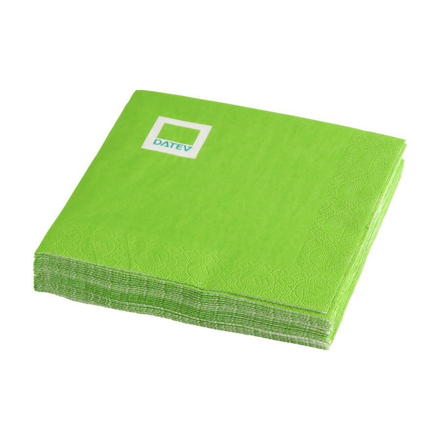 Hellgrüne Servietten mit DATEV-Logo am oberen, linken Rand