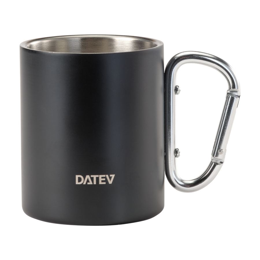 Schwarzer Edelstahlbecher mit silbernem Henkel und DATEV-Logo