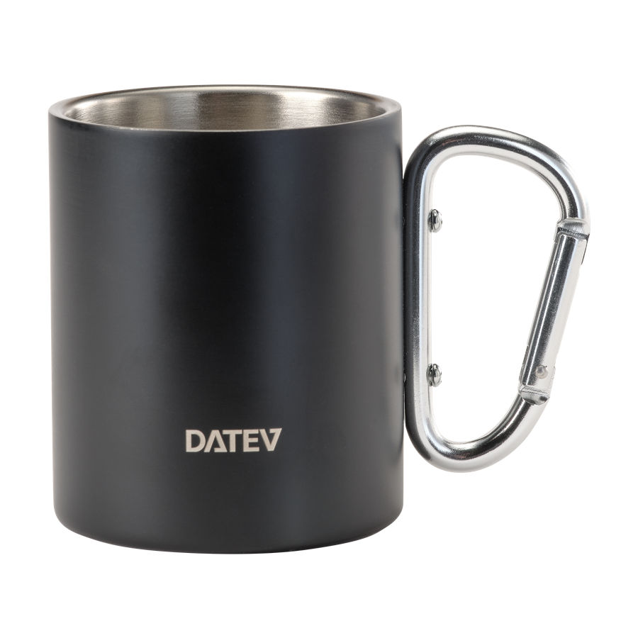 Schwarzer Edelstahlbecher mit silbernem Henkel und DATEV-Logo