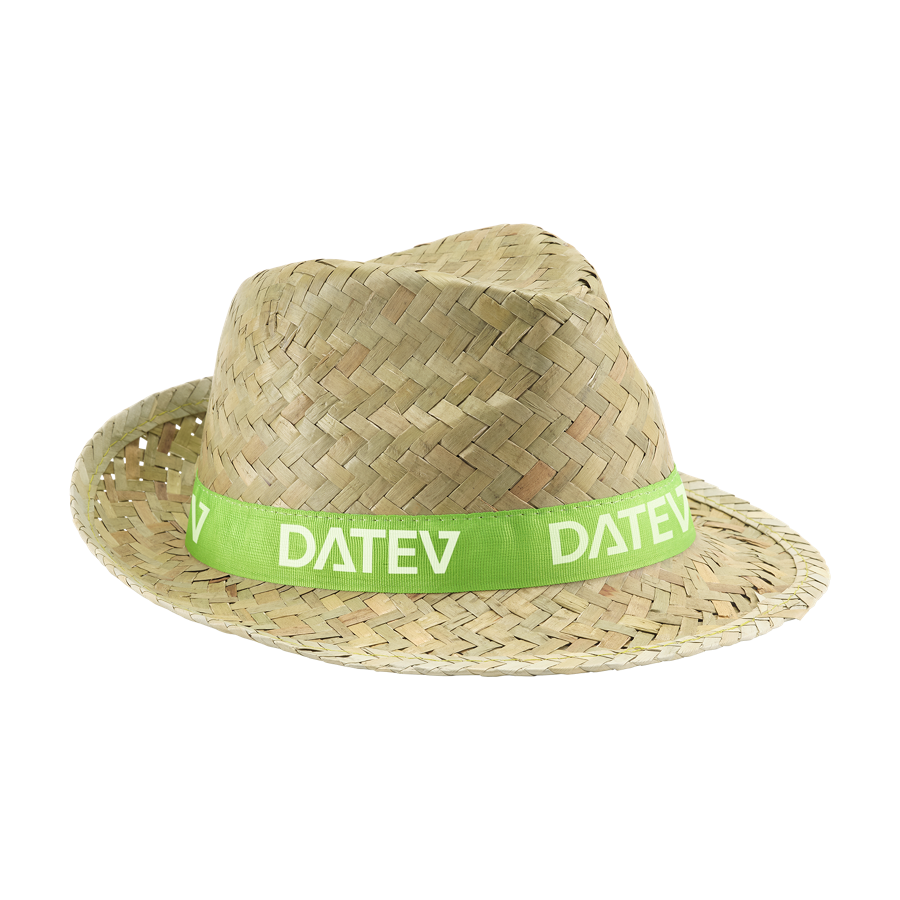 Festival-Strohhut im Fedora-Stil mit hellgrünem DATEV-Band