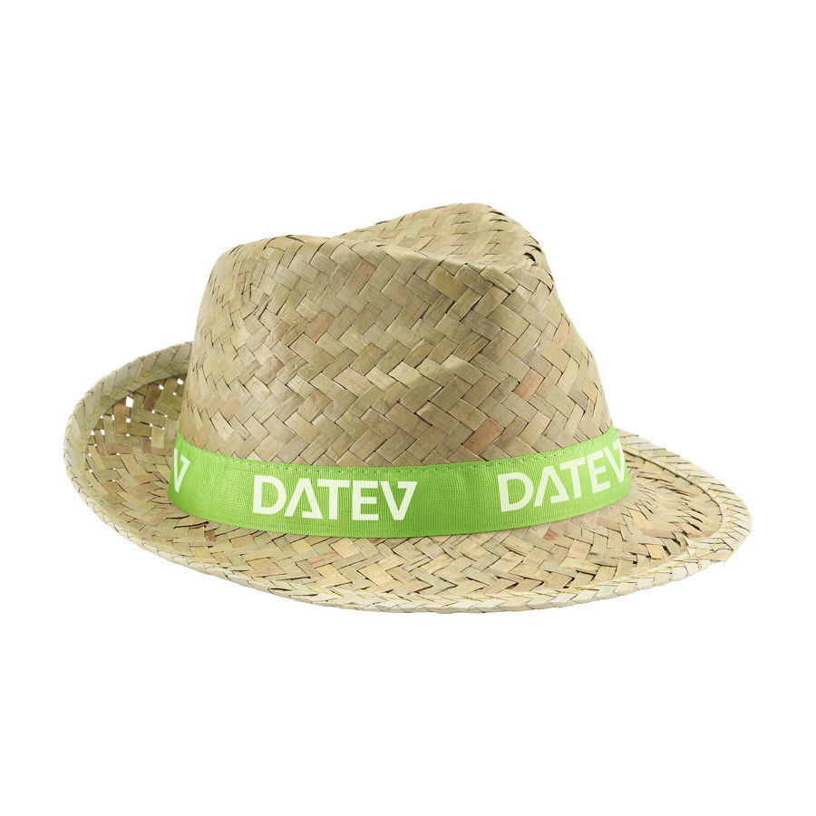 Festival-Strohhut im Fedora-Stil mit hellgrünem DATEV-Band