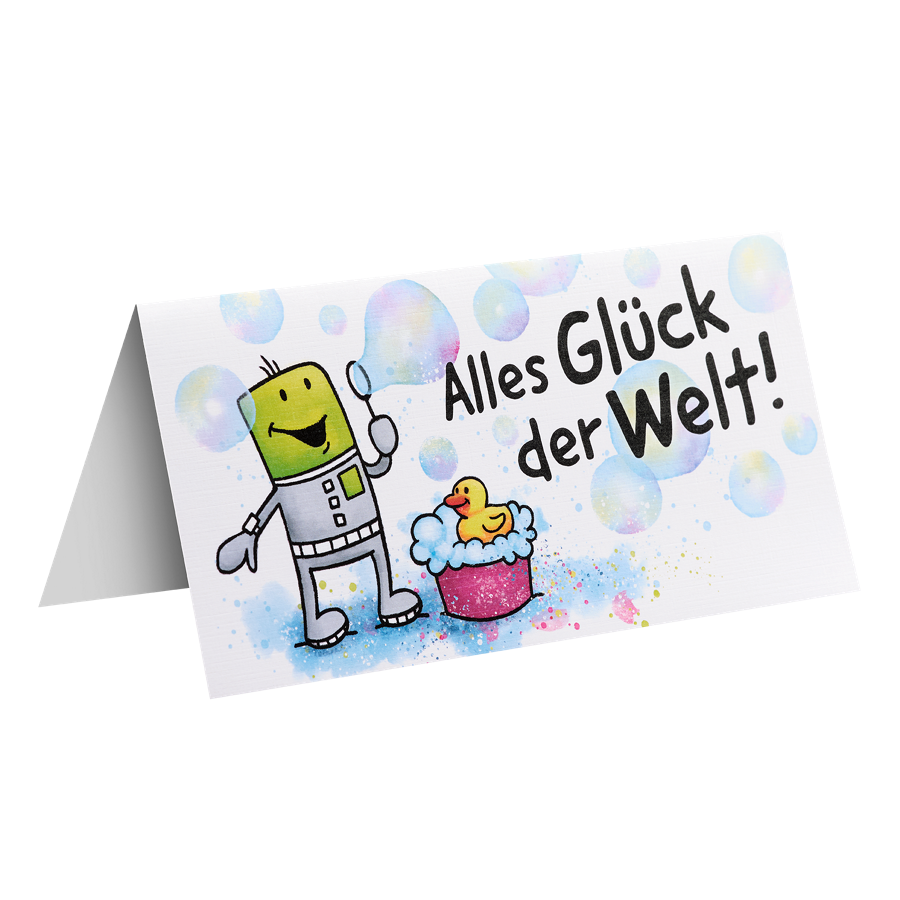Glückwunschkarte mit Pixel-Motiv und "Alles Glück der Welt!"-Aufschrift