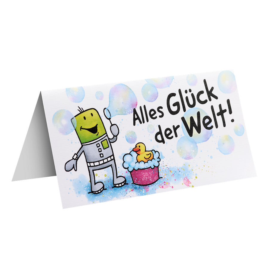 Glückwunschkarte mit Pixel-Motiv und &#34;Alles Glück der Welt!&#34;-Aufschrift