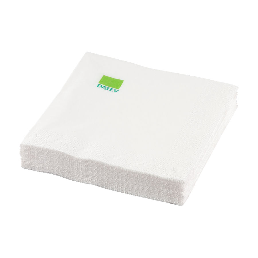 Weiße Servietten mit DATEV-Logo am oberen, linken Rand