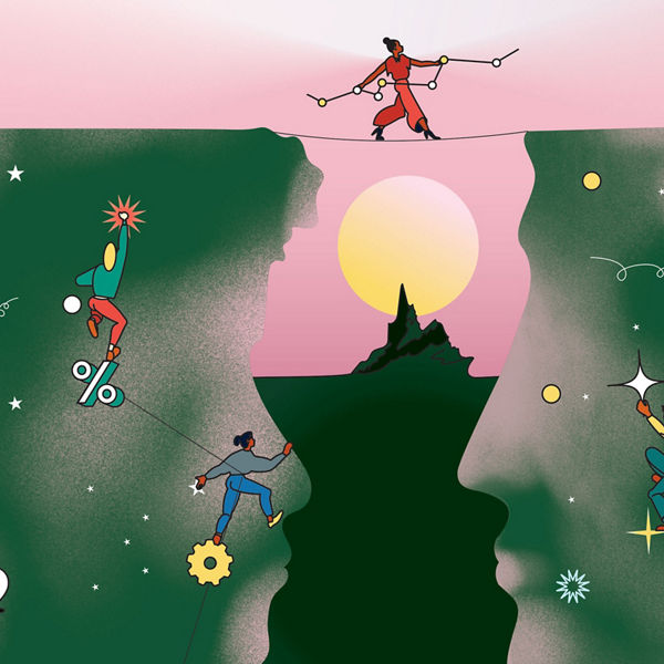 Illustration Seiltänzerin in Bergwelt