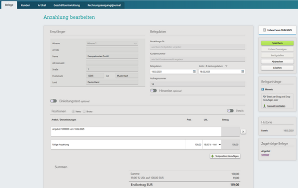Screenshot DATEV Auftragswesen next: Anzahlungen und Schlussrechnung erstellen