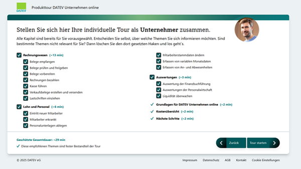 Themenauswahlseite der Produkttour für DATEV Unternehmen online