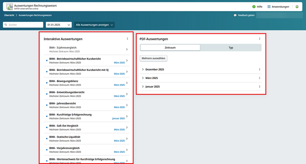 Screenshot neues Design Auswertungsübersicht DATEV Auswertungen Rechnungswesen online