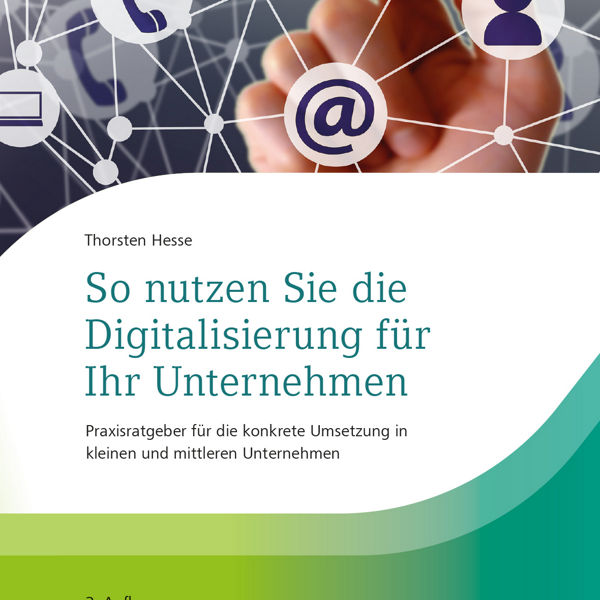 Buchcover mit Titel &#39;So nutzen Sie die Digitalisierung für Ihr Unternehmen&#39; von Thorsten Hesse, mit DATEV-Logo und vernetzten Symbolen für digitale Kommunikation, veröffentlicht von DATEV.
