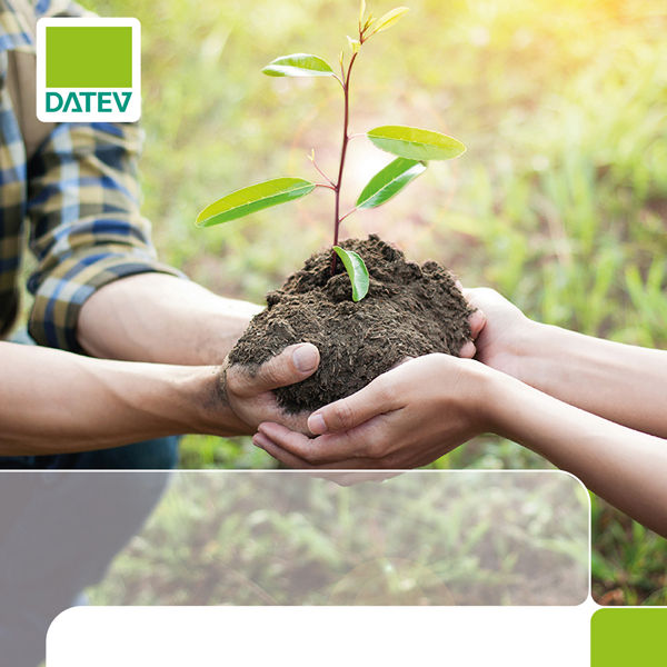 Buchcover mit Titel &#39;Das Stiftungsrecht nach der Reform&#39; von Horst Ohlmann, mit einem jungen Pflänzchen, das von zwei Händen gehalten wird, veröffentlicht von DATEV.