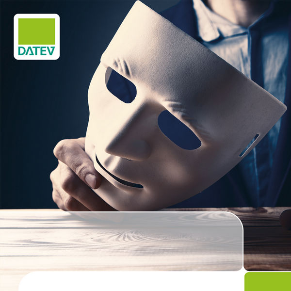 Buchcover mit Titel &#39;Whistleblowing – Hinweisgeberschutz im Unternehmen&#39; von  Dr. Stefan Lode und Dr. Volker Schramm, mit DATEV-Logo und einer Hand die eine Maske hält, veröffentlicht von DATEV.