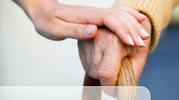 Buchcover mit Titel &#39;Ratgeber häusliche Pflege&#39; von Birgit Emmeroser und Gabriele Lenz, zeigt junge Hand, die ältere Hand mit Gehstock hält, veröffentlicht von DATEV.