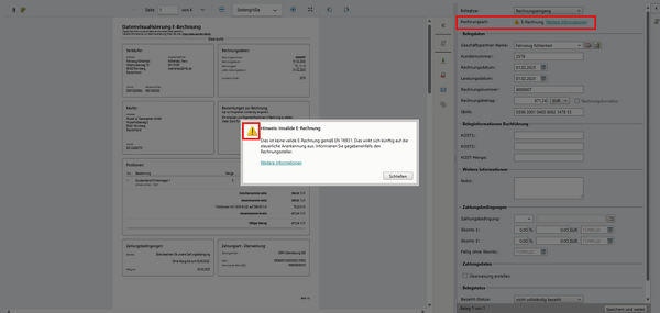Screenshot DATEV Belege online Validierungshinweis E-Rechnung