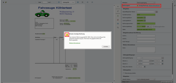 Screenshot DATEV Belege online Validierungshinweis Sonstige Rechnung