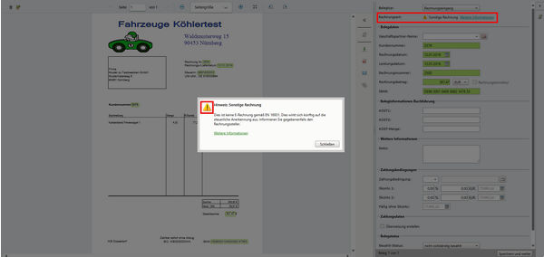 Screenshot DATEV Belege online Validierungshinweis Sonstige Rechnung