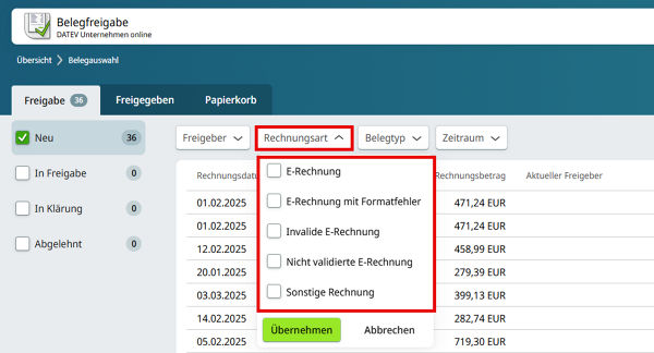 Screenshot DATEV Belegfreigabe online / comfort Filter Rechnungsart