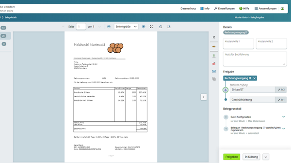 Das Bild zeigt einen Bildausschnitt aus dem Produkt Belegfreigabe online comfort. 
