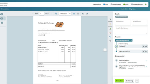Das Bild zeigt einen Bildausschnitt aus dem Produkt Belegfreigabe online comfort. 